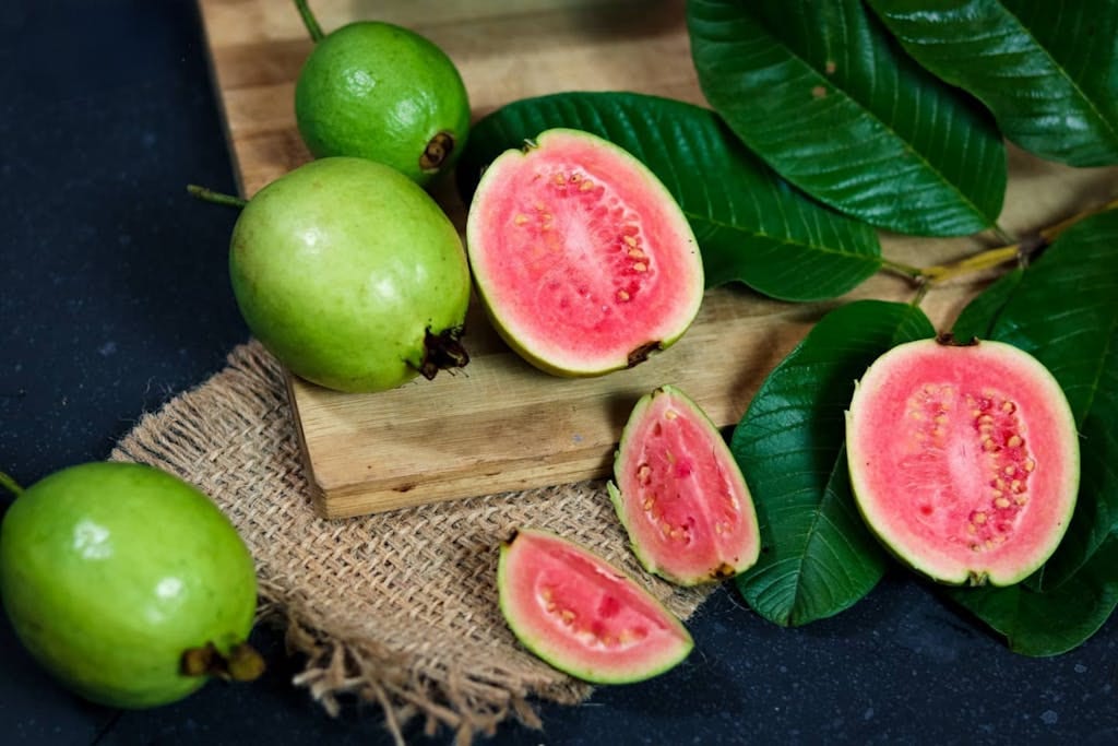 Vibrant fresh guavas sliced