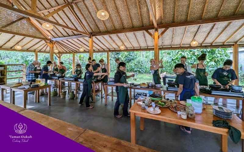 Taman Dukuh's open-air cooking class pavilion in Ubud, where the respectful and communal spirit of the traditional Balinese Paon inspires the culinary experience.