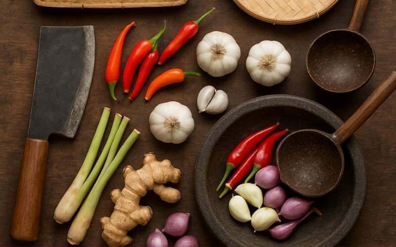 A collection of traditional Balinese cooking utensils including cobek, ulekan, and blakas, essential tools in a Balinese kitchen (Paon Bali).