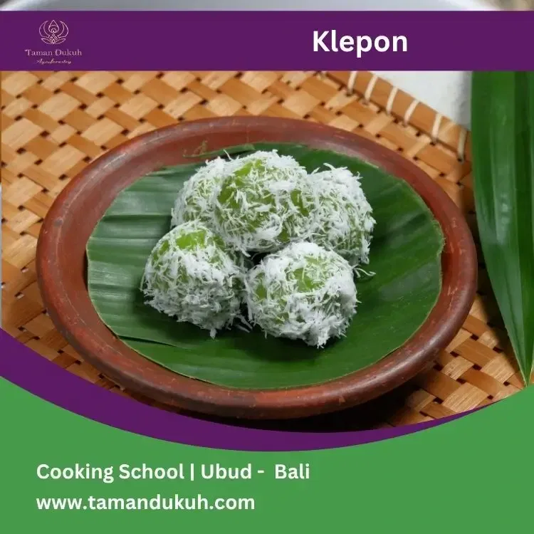 klepon traditional cake with pandan leaf on the side