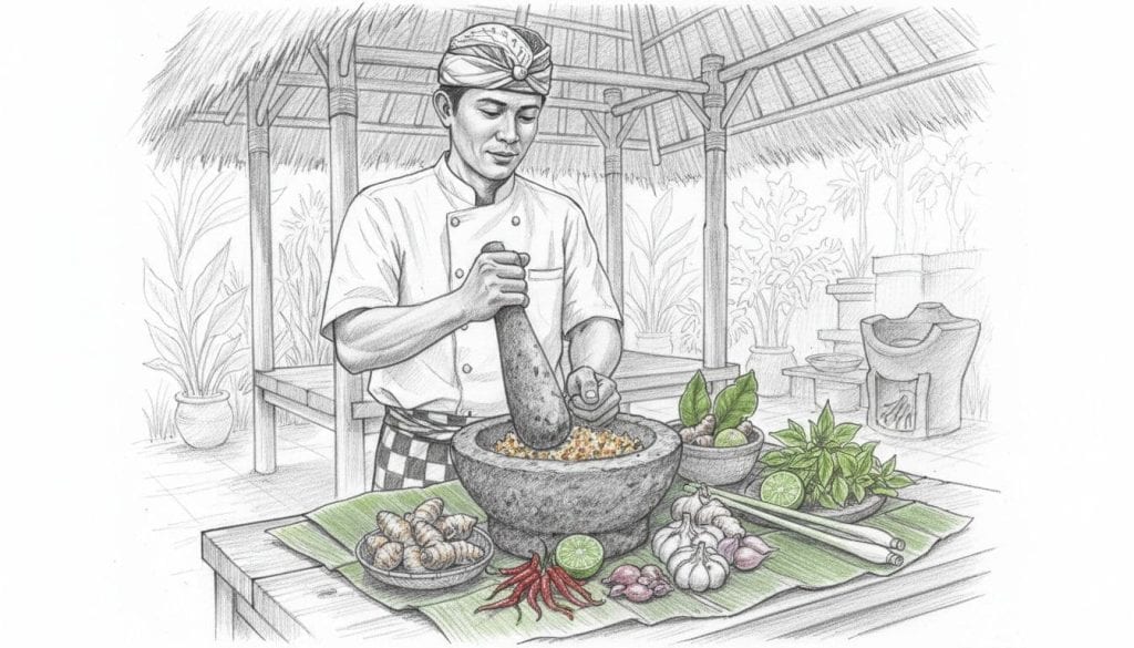 Hand-drawn graphite sketch with light shading depicting one chef in a traditional open-air Balinese paon kitchen grinding spice paste base gede using a mortar and pestle, surrounded by fresh herbs, vegetables, and banana leaves.