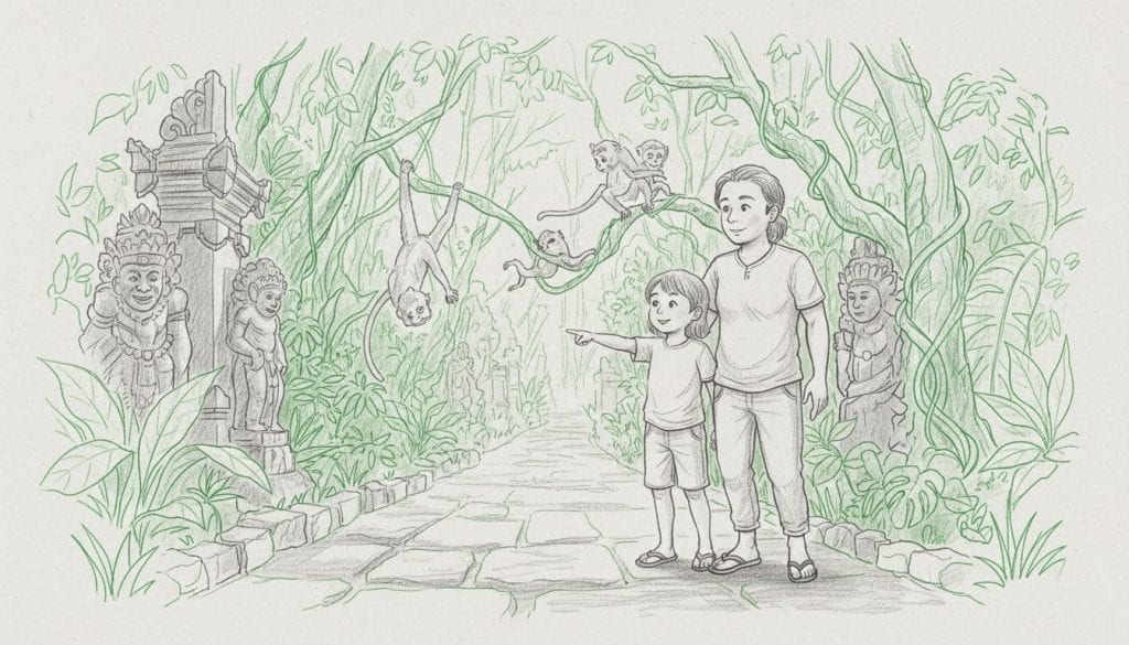 Hand-drawn graphite linework sketch of a 5-year-old child and parent standing relaxed on a stone path in Bali's lush Sacred Monkey Forest Ubud, viewing two playful monkeys swinging from trees amid ancient temple statues and dense green foliage with daylight filtering through the canopy.