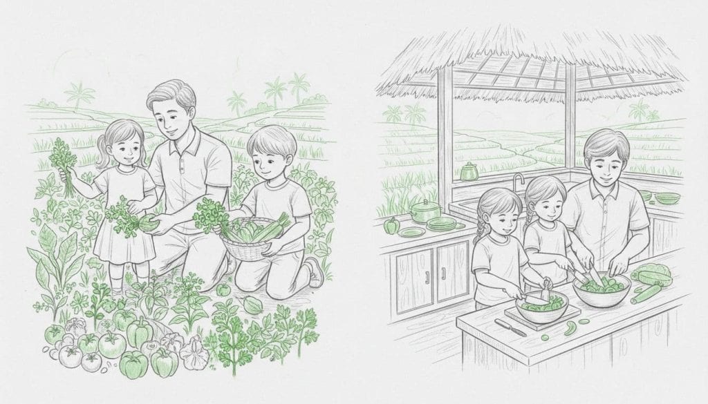 A happy family of two parents and two children aged 4-8 harvests fresh vegetables and herbs on an organic Bali farm, then mixes ingredients safely in an open-air kitchen with child-friendly tools. Sunny tropical scene with rice fields, hand-drawn graphite sketch style on light gray paper.