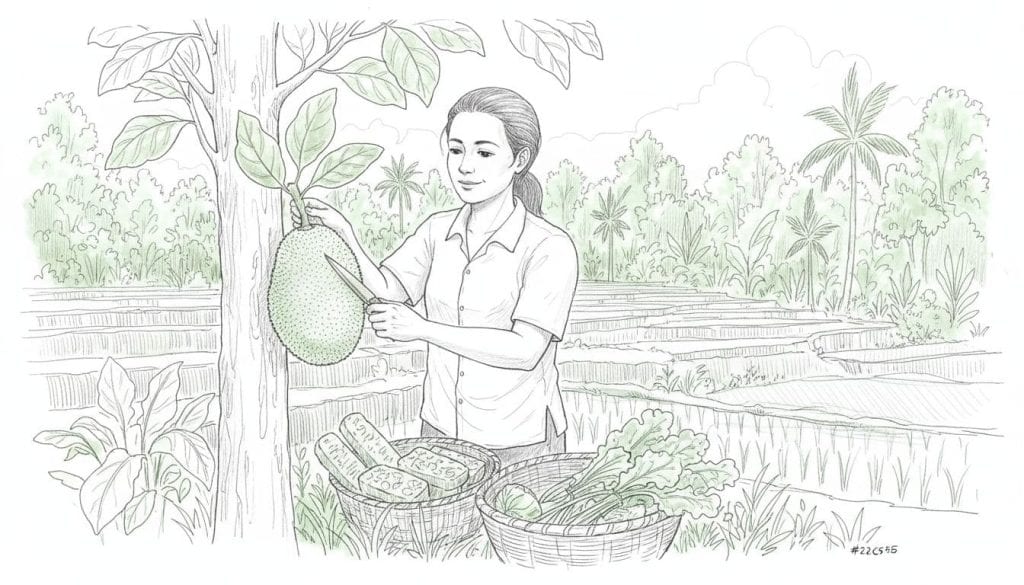 Hand-drawn graphite sketch of one person harvesting fresh vegetables like jackfruit and tempeh ingredients in an organic Balinese farm near Ubud, with lush green rice fields and #22C55E accents on leaves and produce.