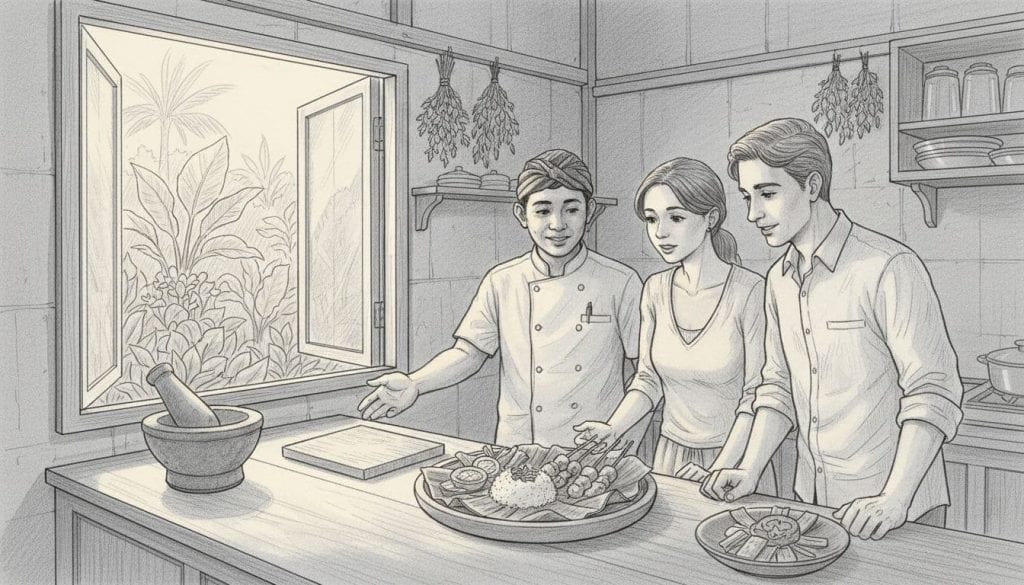 Pencil sketch of two travelers and a Balinese chef sharing a private cooking class in a traditional paon kitchen near Ubud, with warm light and garden backdrop