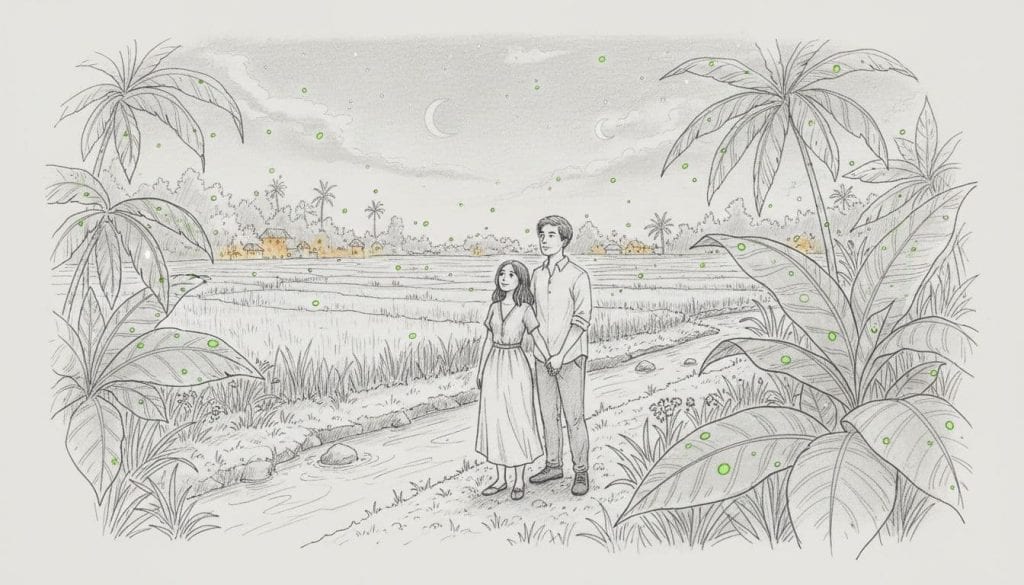 Hand-drawn sketch of a romantic couple holding hands during a magical firefly watching tour in Bali's lush rice fields, with glowing fireflies, starry sky, riverbank, and distant village lights.