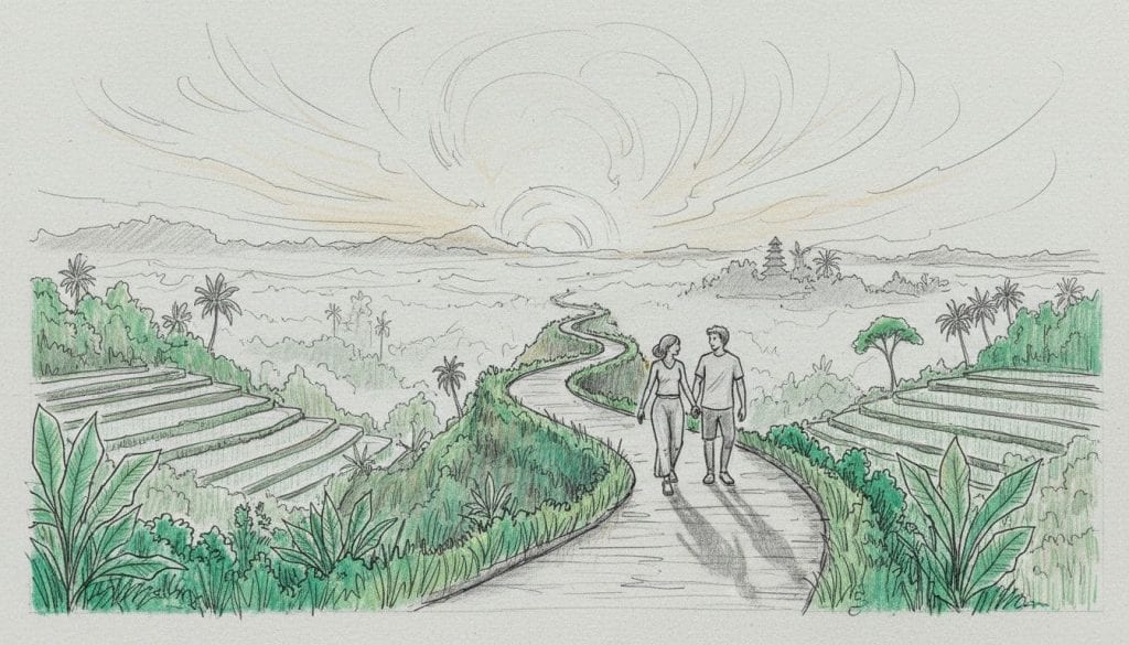 A romantic couple walks hand-in-hand along a misty ridge path at sunrise, with lush green valleys, rice terraces, distant jungle, and temples below, captured in hand-drawn graphite sketch style with light shading and green foliage accents.