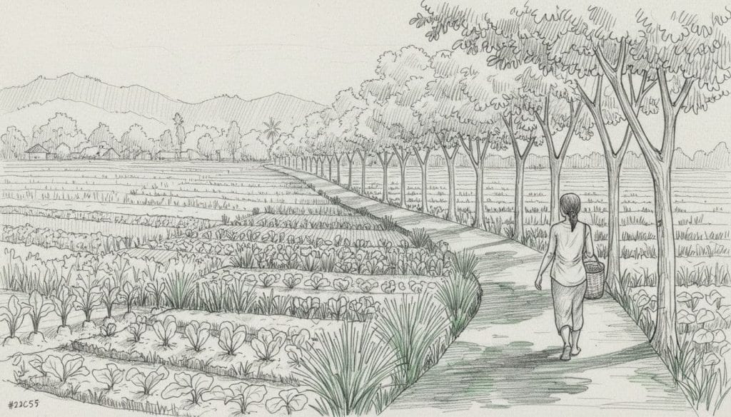 Hand-drawn graphite sketch of a peaceful organic farm near Ubud, Bali, with rows of vegetables and herbs like lemongrass and turmeric along a shaded walking path, and one person walking slowly from behind with a basket.