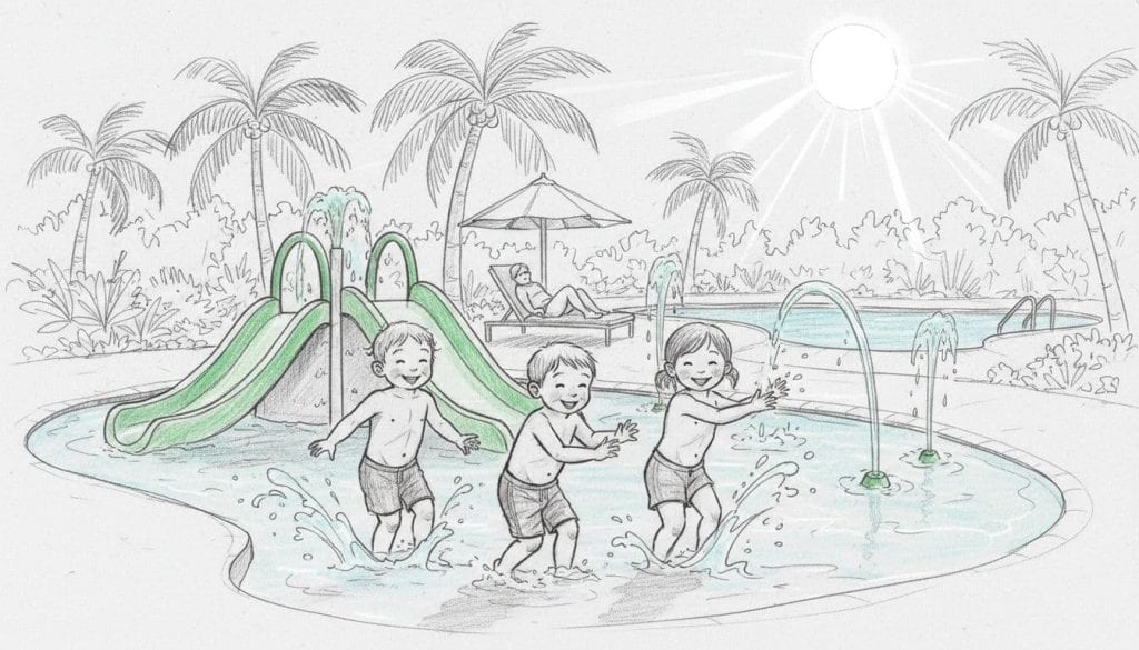 Young children aged 3-7 happily play and splash in a shaded toddler splash zone featuring small colorful slides and gentle fountains at Waterbom Bali water park, with one parent relaxing on a lounge chair nearby amid palm trees and blue pools.