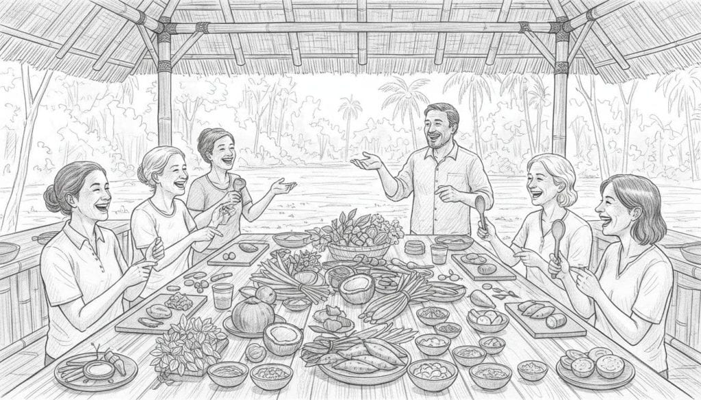 Pencil sketch of six travelers enjoying a group cooking class in an open-air Balinese kitchen on an organic farm near Ubud, surrounded by fresh herbs and tropical ingredients