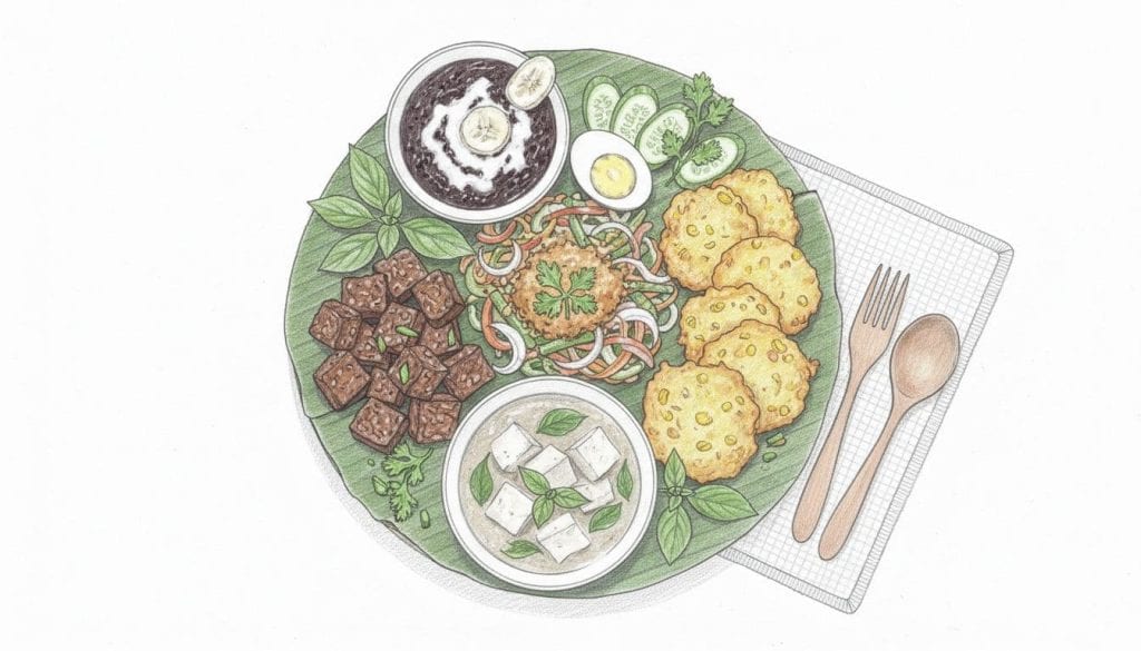 Hand-drawn graphite sketch with light shading on clean white background featuring vibrant vegetarian Balinese dishes on a banana leaf plate, including gado-gado salad, sweet sour tempeh, corn fritters, tofu curry, black rice pudding, and fresh herbs garnish.