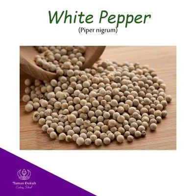 Spices & Ingredients 9 Whole dried white peppercorns (merica putih) showing their smoother, light cream-colored appearance compared to black pepper.