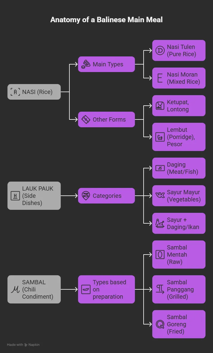 Balinese Food Classification 2 Flowchart illustrating the anatomy of a Balinese main meal, structured around Nasi (Rice) with its types, Lauk Pauk (Side Dishes) with its categories, and Sambal (Chili Condiment) based on preparation methods.