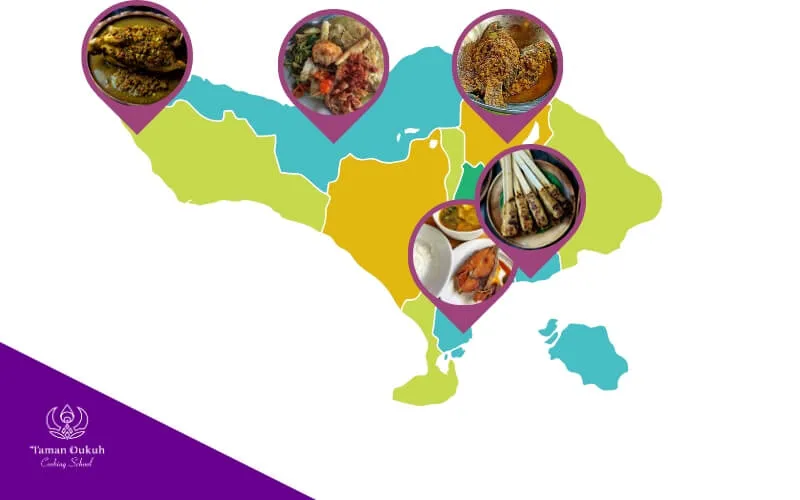 Map or collage illustrating Bali's diverse regional culinary variations, from coastal seafood to highland vegetable dishes.