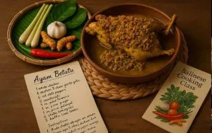 Traditional Balinese Dishes 2 Aromatic homemade Ayam Betutu, prepared using an authentic Balinese recipe from Taman Dukuh's farm kitchen cooking class.