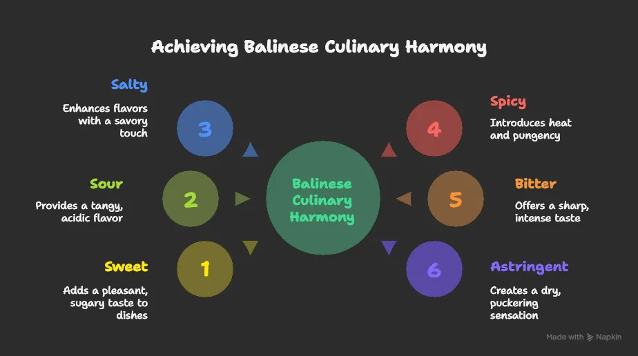 An artistic arrangement of ingredients representing the Sad Rasa, the six essential tastes in Balinese culinary philosophy for flavor balance.