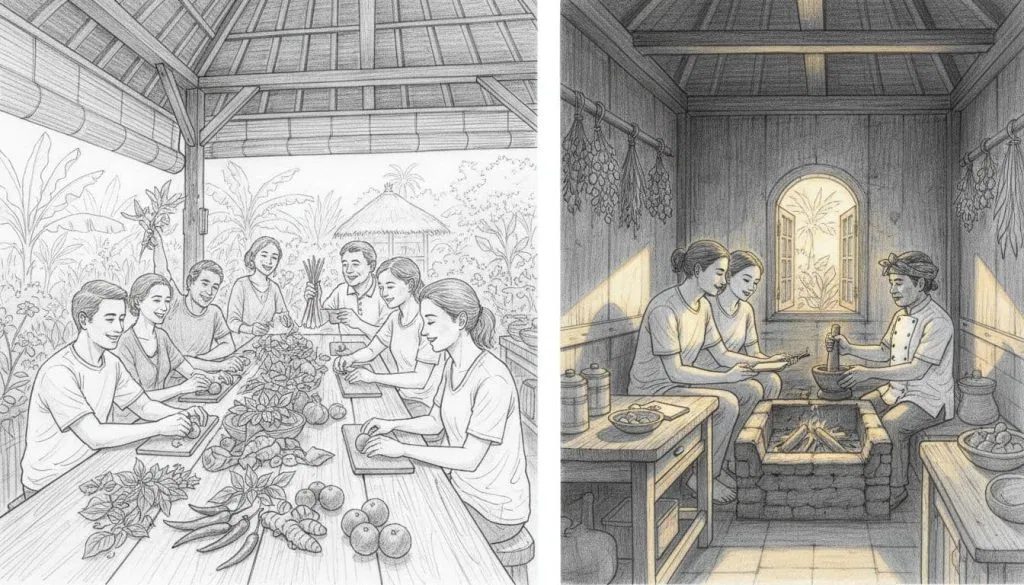 Pencil sketch illustration comparing a group cooking class and a private cooking class in Bali, side by side in a traditional Balinese farm kitchen setting near Ubud