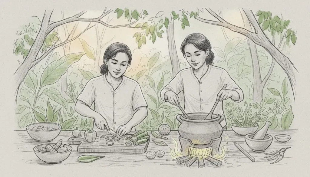 A happy couple cooking together in a traditional open-air Balinese kitchen surrounded by lush jungle greenery, with one chopping vegetables and the other stirring a pot over a wood fire, in hand-drawn graphite sketch style.
