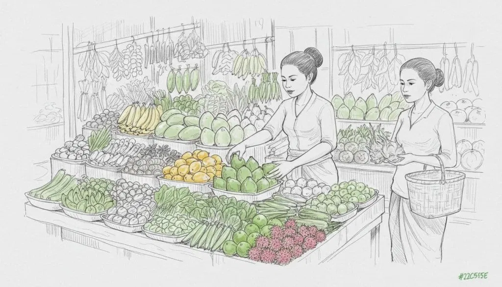 Hand-drawn graphite sketch of a traditional Balinese morning market stall in Tegallalang style, piled high with fresh spices, fruits, and vegetables. Vendor arranges produce as shopper stands nearby, evoking the energetic everyday atmosphere.