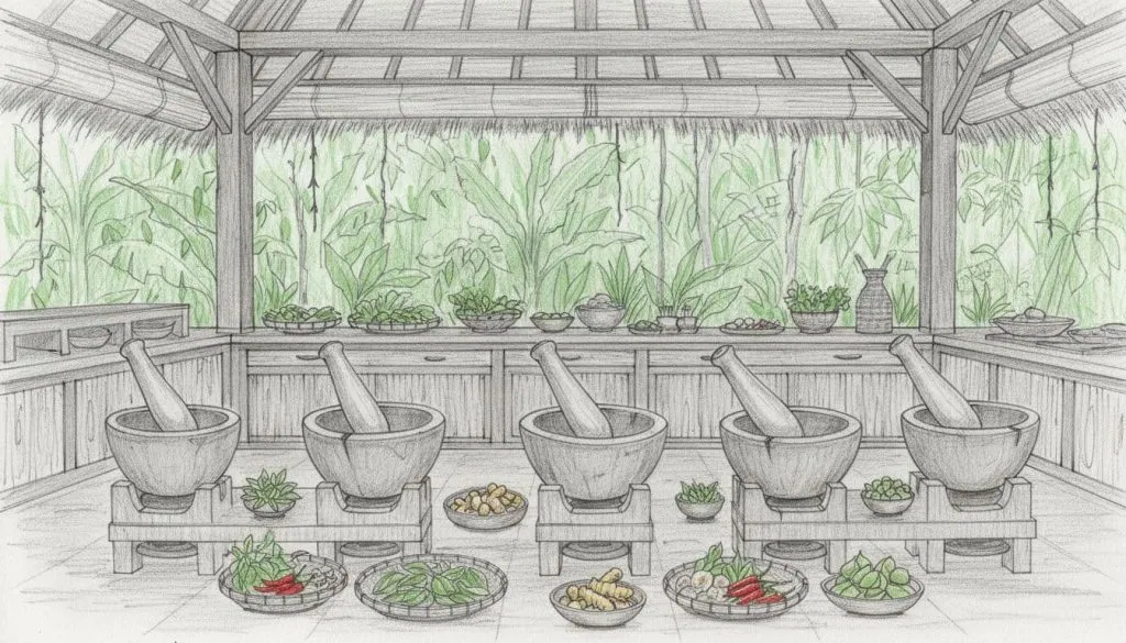 Hand-drawn sketch of an open-air Balinese kitchen on an organic farm, featuring empty wooden stations with mortar and pestles, fresh ingredients, and lush jungle background. Graphite linework with light shading, green accents on herbs and spices, serene setup ready for a cooking class.