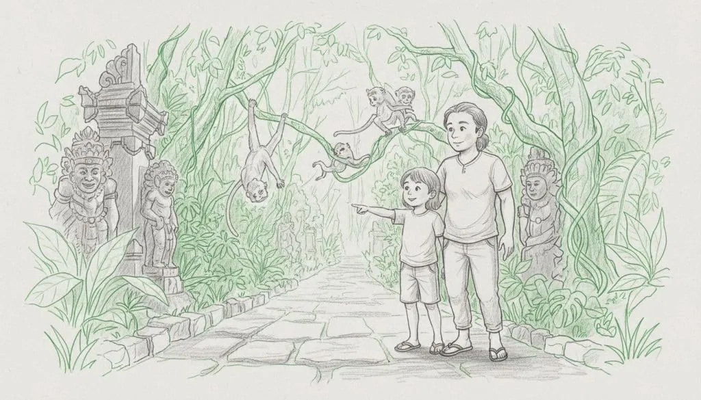 Hand-drawn graphite linework sketch of a 5-year-old child and parent standing relaxed on a stone path in Bali's lush Sacred Monkey Forest Ubud, viewing two playful monkeys swinging from trees amid ancient temple statues and dense green foliage with daylight filtering through the canopy.