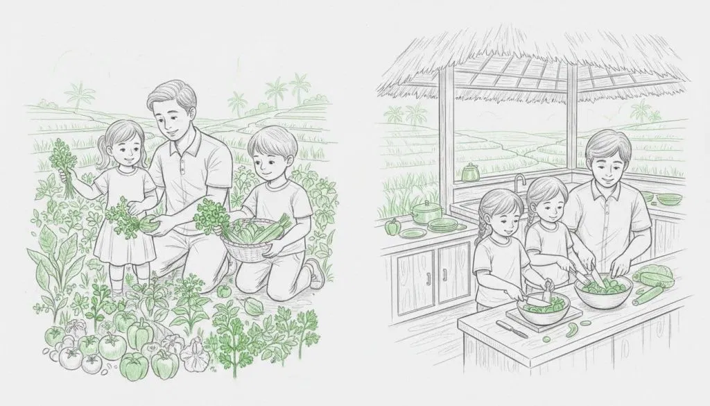 A happy family of two parents and two children aged 4-8 harvests fresh vegetables and herbs on an organic Bali farm, then mixes ingredients safely in an open-air kitchen with child-friendly tools. Sunny tropical scene with rice fields, hand-drawn graphite sketch style on light gray paper.