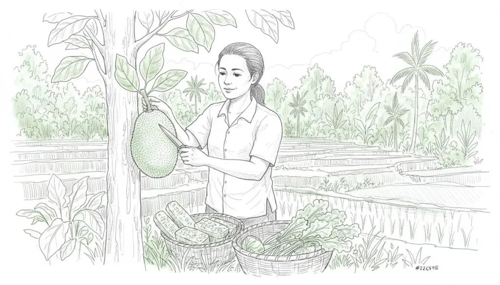 Hand-drawn graphite sketch of one person harvesting fresh vegetables like jackfruit and tempeh ingredients in an organic Balinese farm near Ubud, with lush green rice fields and #22C55E accents on leaves and produce.
