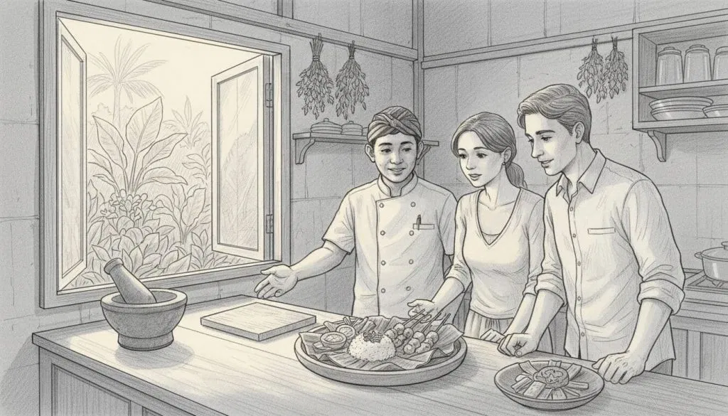 Pencil sketch of two travelers and a Balinese chef sharing a private cooking class in a traditional paon kitchen near Ubud, with warm light and garden backdrop