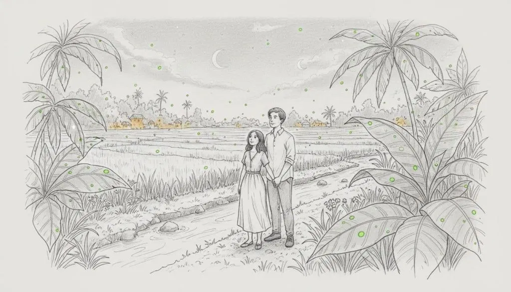 Hand-drawn sketch of a romantic couple holding hands during a magical firefly watching tour in Bali's lush rice fields, with glowing fireflies, starry sky, riverbank, and distant village lights.