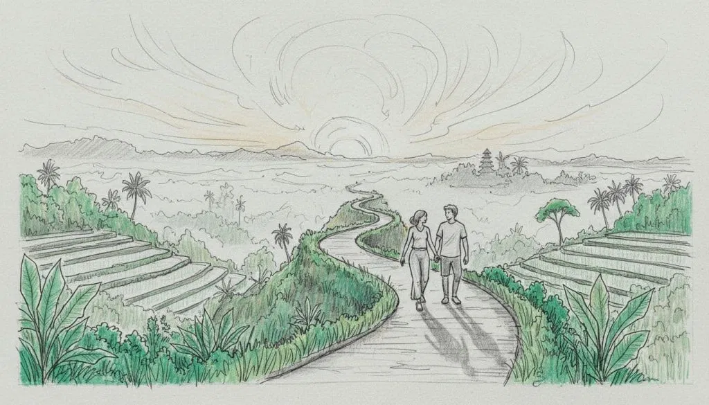 A romantic couple walks hand-in-hand along a misty ridge path at sunrise, with lush green valleys, rice terraces, distant jungle, and temples below, captured in hand-drawn graphite sketch style with light shading and green foliage accents.