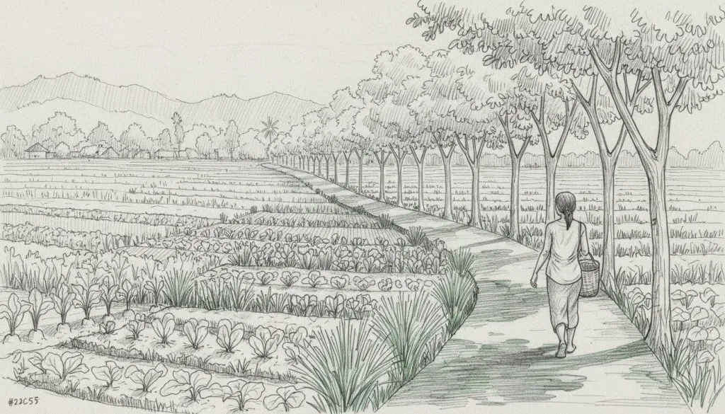Hand-drawn graphite sketch of a peaceful organic farm near Ubud, Bali, with rows of vegetables and herbs like lemongrass and turmeric along a shaded walking path, and one person walking slowly from behind with a basket.