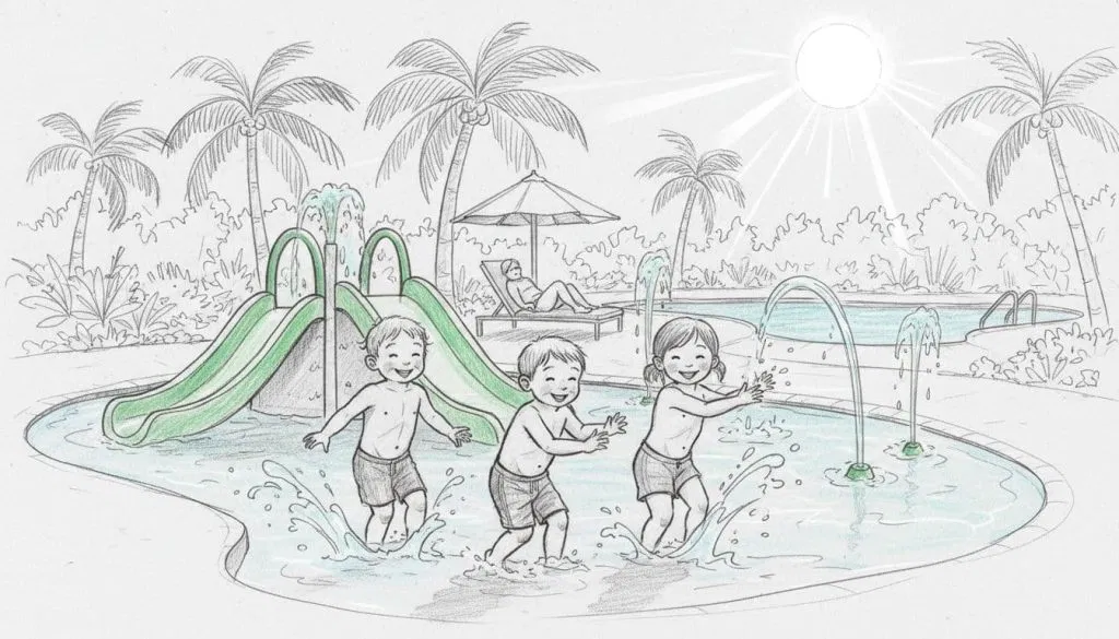 Young children aged 3-7 happily play and splash in a shaded toddler splash zone featuring small colorful slides and gentle fountains at Waterbom Bali water park, with one parent relaxing on a lounge chair nearby amid palm trees and blue pools.