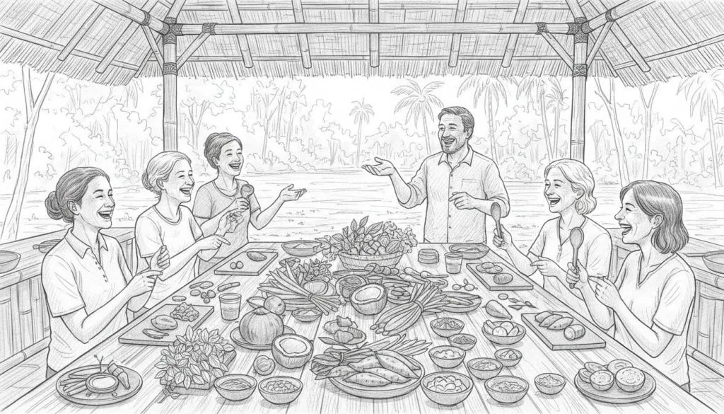 Pencil sketch of six travelers enjoying a group cooking class in an open-air Balinese kitchen on an organic farm near Ubud, surrounded by fresh herbs and tropical ingredients