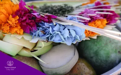 Mastering Balinese Flavors 1 Illustrating the Balinese Sukla concept: an offering with fruits and flowers of Canang Sari representing purity and sacredness in Balinese culture and offerings.